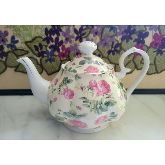Vintage Dining Gracie China Pink Rose Chintz Porcelain Teapot Euc
